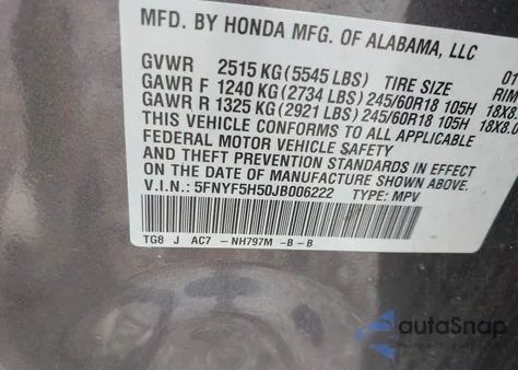 2018 Honda Pilot Ex-L z USA, uszkodzony, nr VIN 5FNYF5H50JB006222